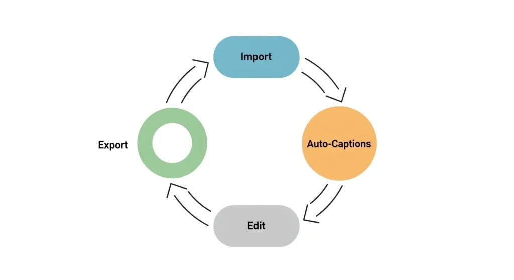 Clipchampを用いた効率的な字幕制作のワークフロー図