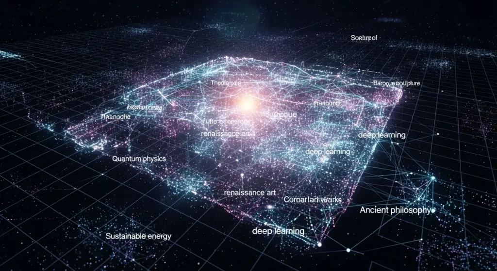 テキストデータが多次元ベクトル空間にマッピングされるイメージ