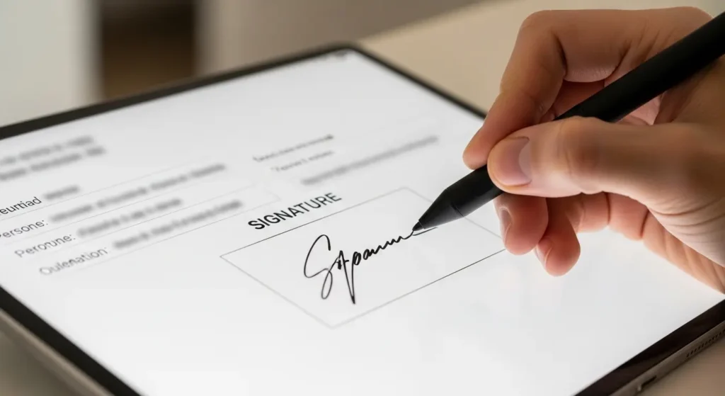 タブレット上で手書き署名を行っているアンケート画面