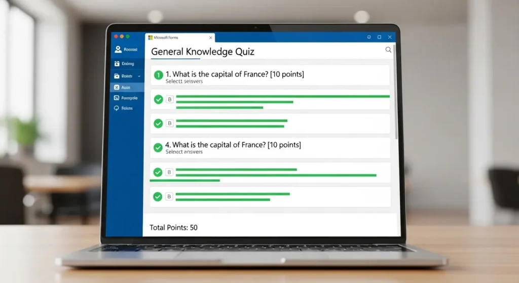 正解と点数が設定されたFormsのクイズ作成画面