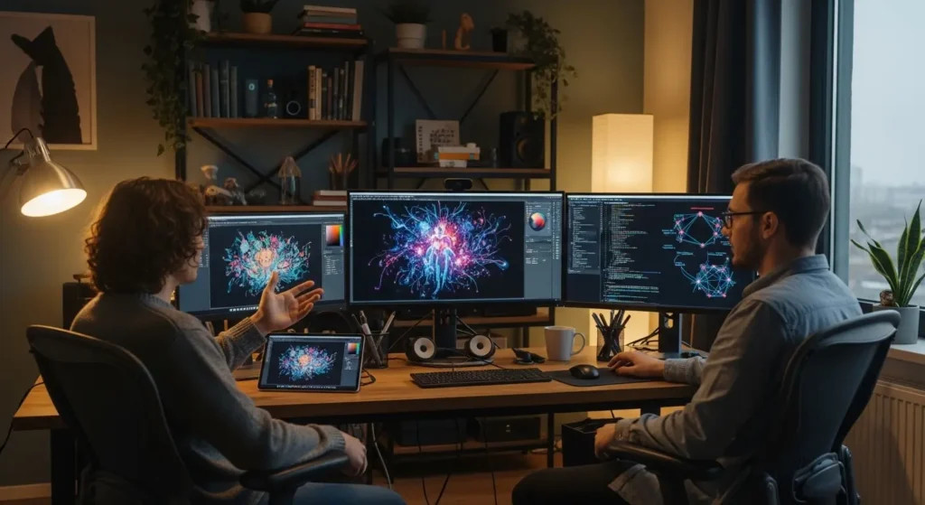 自宅でローカルAIを活用して創作や開発を行う人々の様子