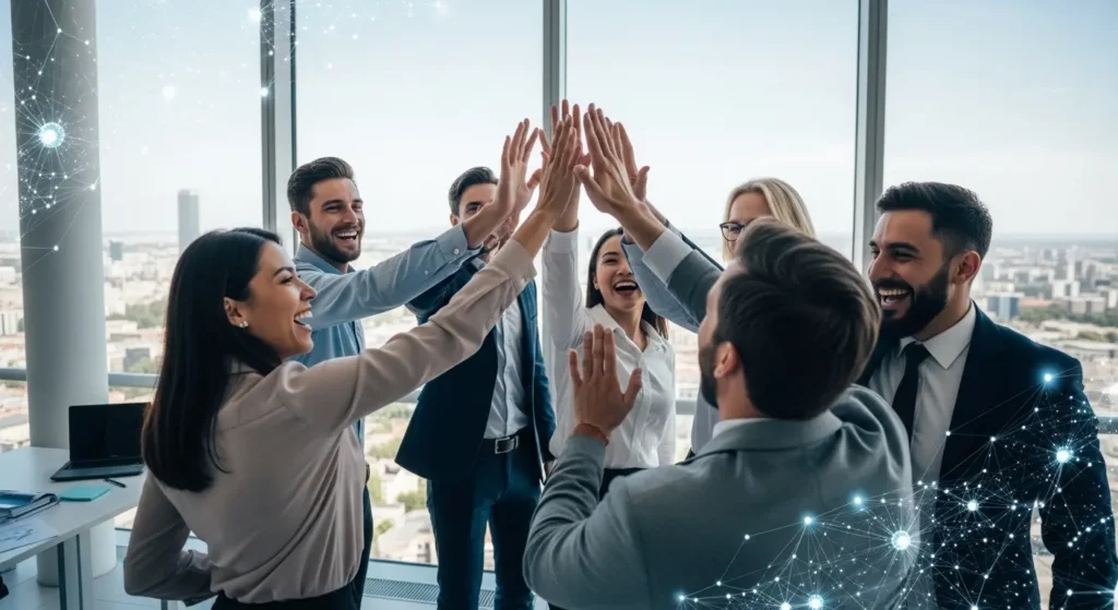 AIエージェントと共に成果を上げたチームの成功イメージ