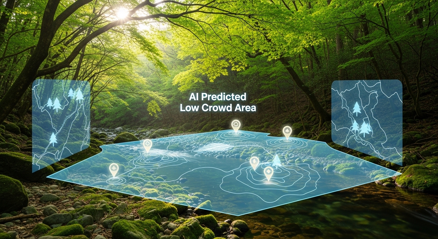 2026年ゴールデンウィークの穴場スポットとAI混雑予測のイメージ図