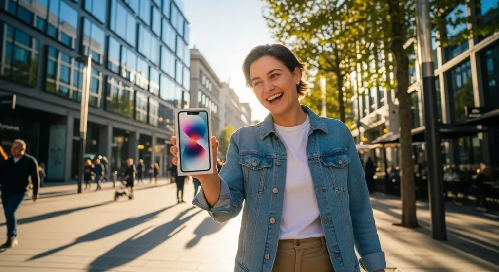 新しいiPhone 17eを手にして満足そうなユーザー