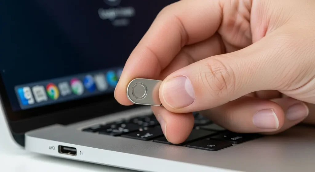 PCに物理セキュリティキーを差し込む様子