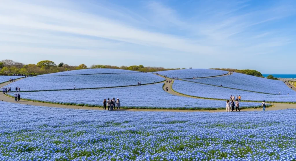 茨城県の国営ひたち海浜公園に広がる青いネモフィラの花畑