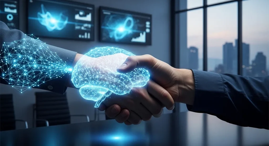 人間とAIの協調を象徴する未来のイメージ