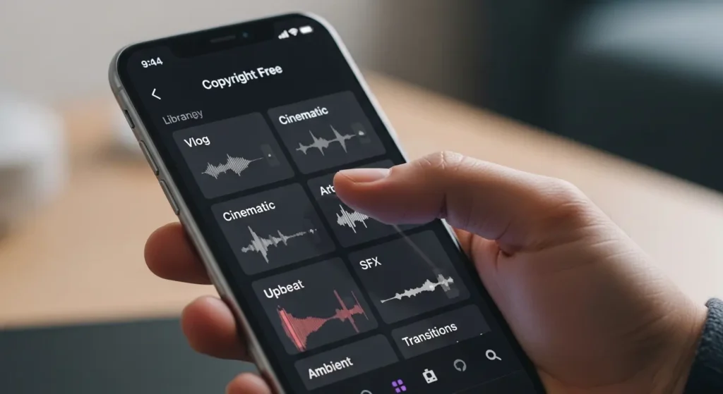 アプリ内の著作権フリー音楽ライブラリ画面