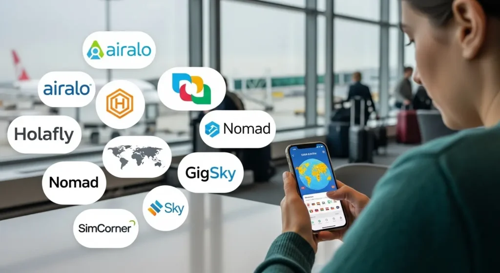海外でeSIMプランを切り替えるiPhone 17eのユーザー