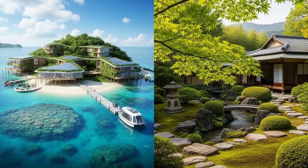 九州の海沿いリゾートと京都の静かな新緑庭園の対比