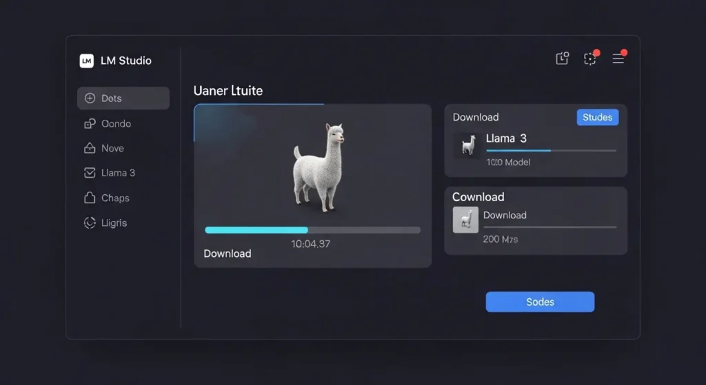 LM Studioの画面でAIモデルをダウンロードしている様子