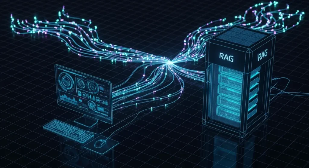 ローカルLLMとRAGが連携するプライベートAI環境の構造図