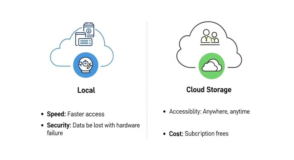 ローカル保存とクラウド保存のデータフロー比較図