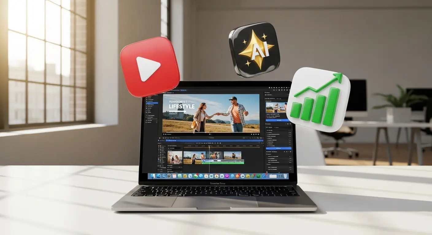 MacBookでClipchampを使用してプロ仕様の動画広告を作成している様子