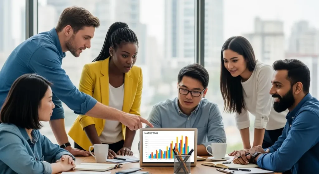 広告戦略を練るマーケティングチームの集合写真