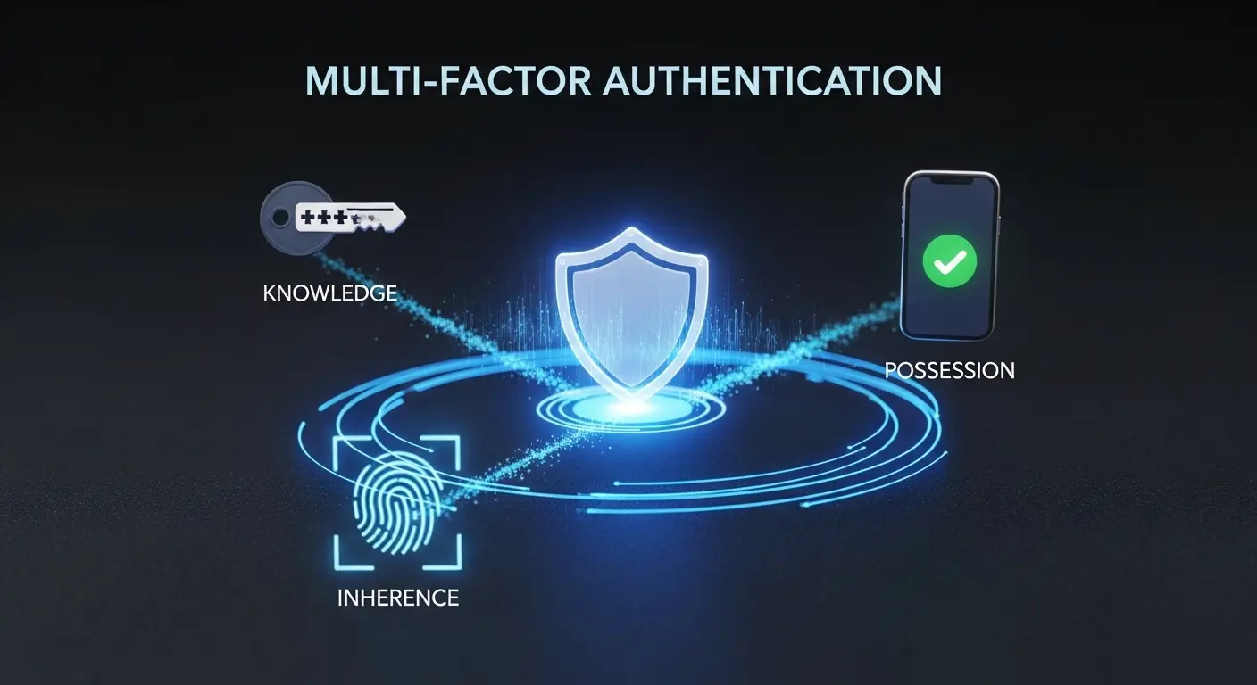 多要素認証の仕組みを視覚化した、パスワード・スマホ・指紋の組み合わせイメージ