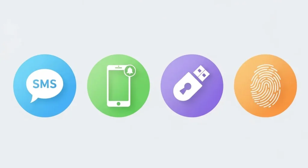 多要素認証の主な種類（SMS、アプリ、キー、指紋）のアイコンセット