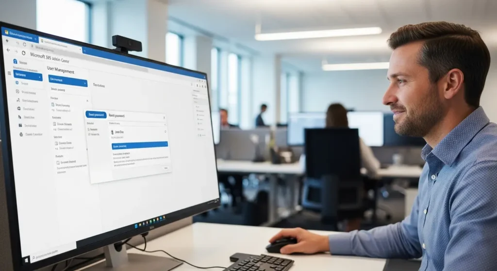 管理者がMicrosoft 365管理センターでパスワードをリセットしている場面