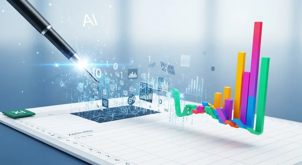 Excel 上で AI がデータを分析しグラフ化しているイメージ図