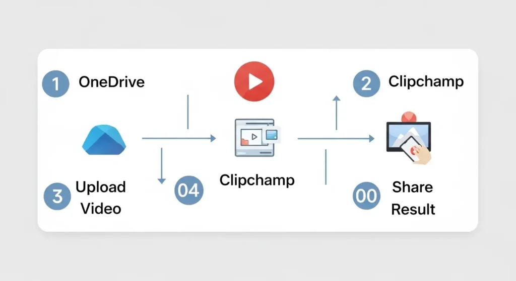 Microsoft 365を活用した動画編集ワークフローのステップ図