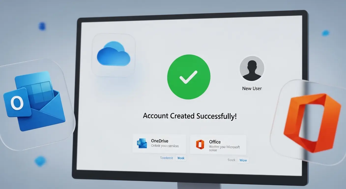 Microsoftアカウントの新規作成画面と関連サービスのイメージ