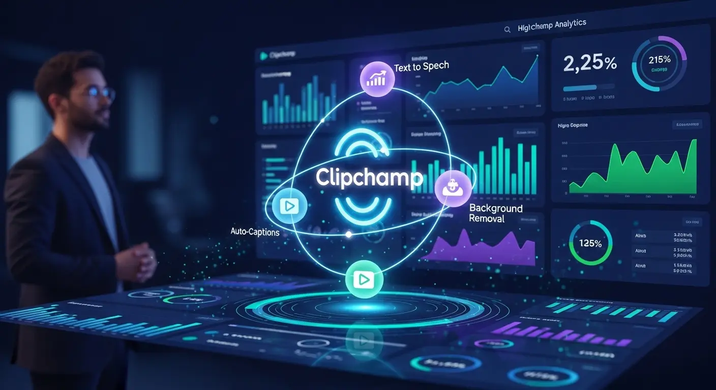 Microsoftの動画編集ソフトClipchampのAI機能とデータ分析を行うマーケターのイメージ