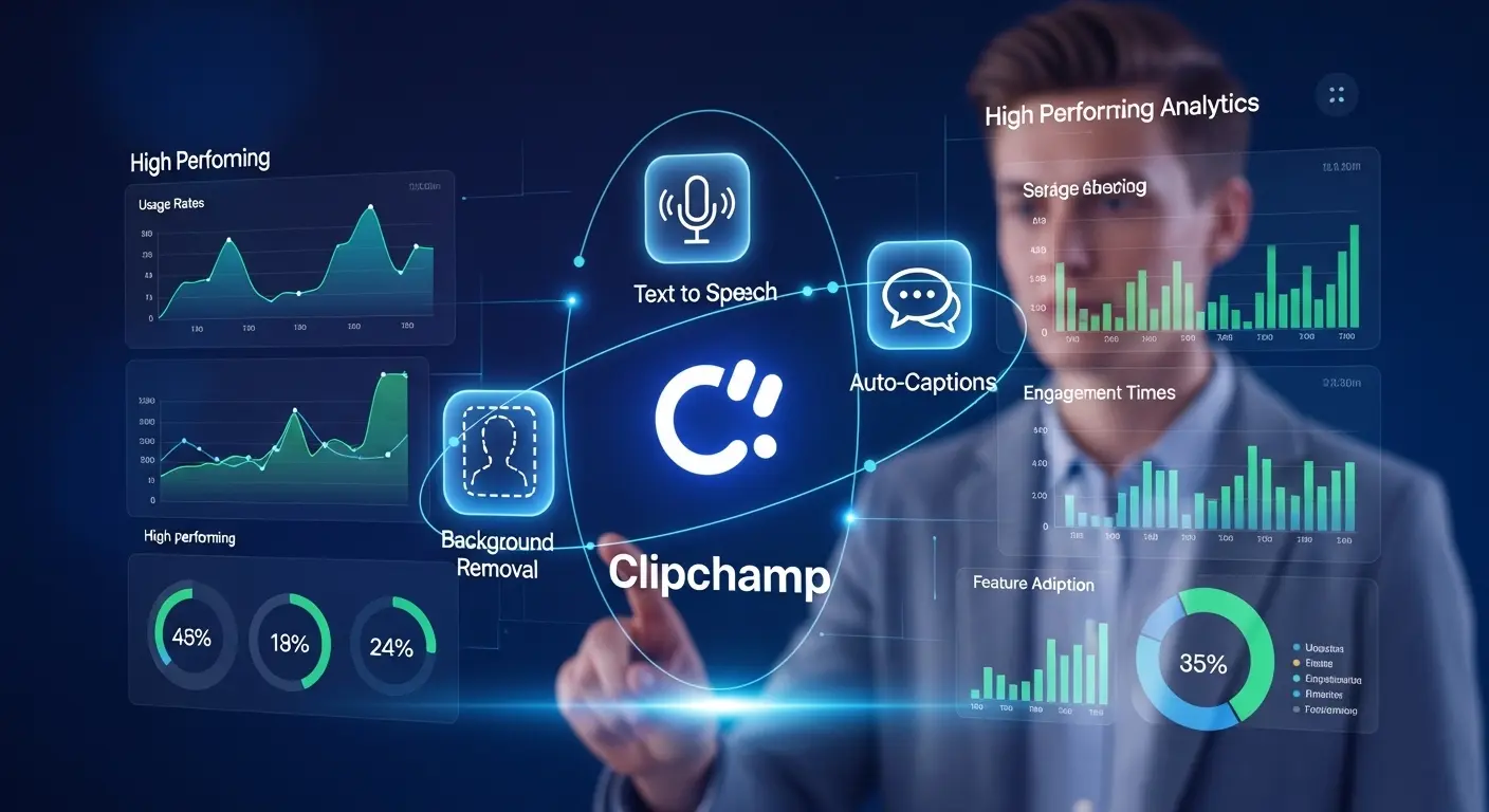 Microsoftの動画編集ソフトClipchampのAI機能とデータ分析を行うマーケターのイメージ