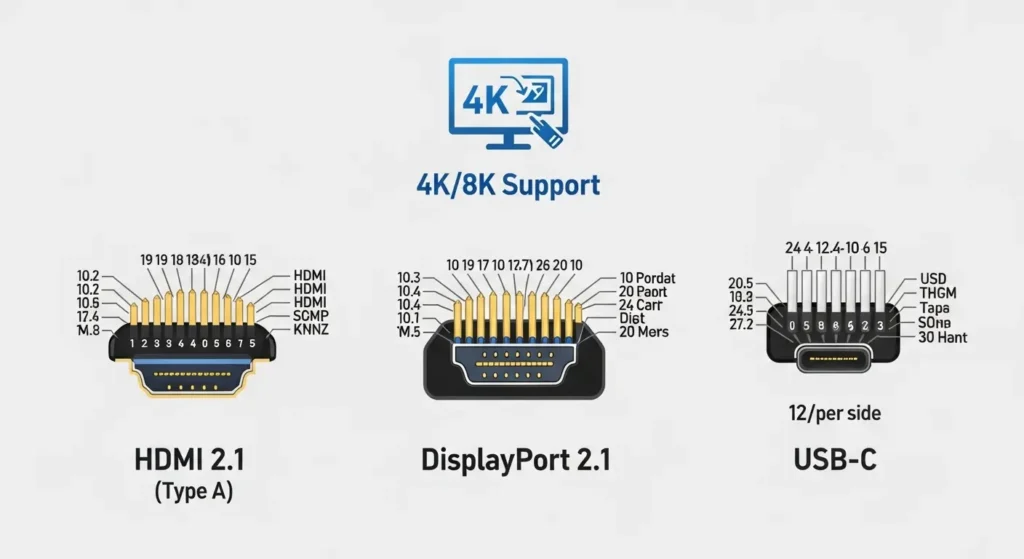 最新のHDMIとDisplayPortのピン配列と対応解像度の比較