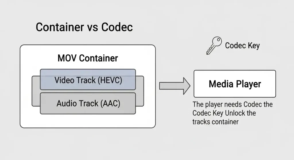 MOVコンテナとコーデックの仕組みの概念図