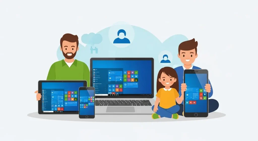 複数のデバイス間でデータが同期されている家族の様子