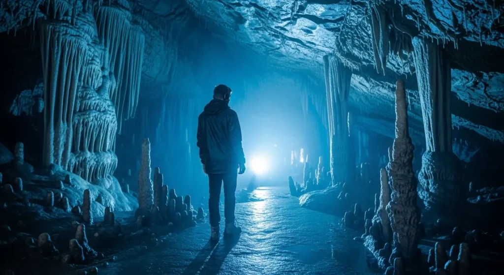 日原鍾乳洞の神秘的な空間を一人で探索する旅行者