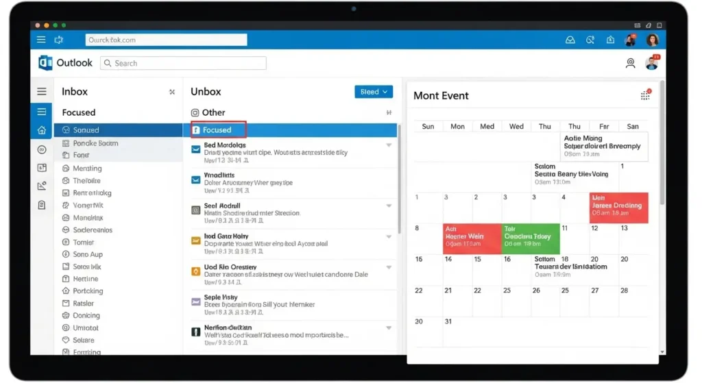Outlookのメール受信画面とカレンダーのインターフェース