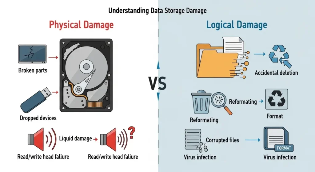 データ復旧における物理障害と論理障害の違いを説明するインフォグラフィック