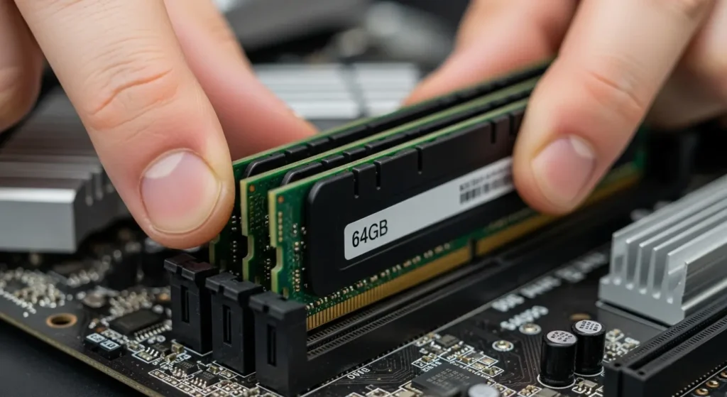 PCのマザーボードに64GBのDDR5メモリを増設する様子