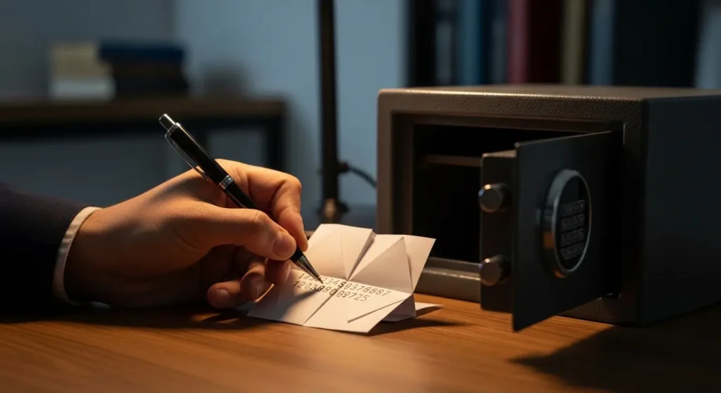 25桁のリカバリーコードを紙に控えて保管する様子