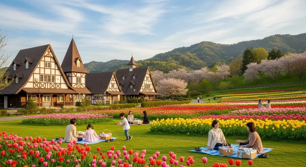 滋賀農業公園ブルーメの丘ののどかな春の風景
