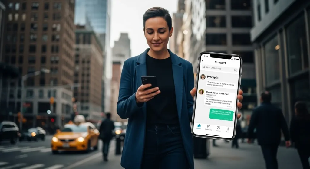 外出先でChatGPTアプリを活用する自信に満ちた人物