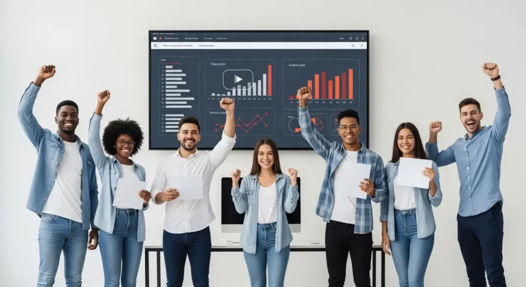 動画広告の成功を喜ぶマーケティングチーム
