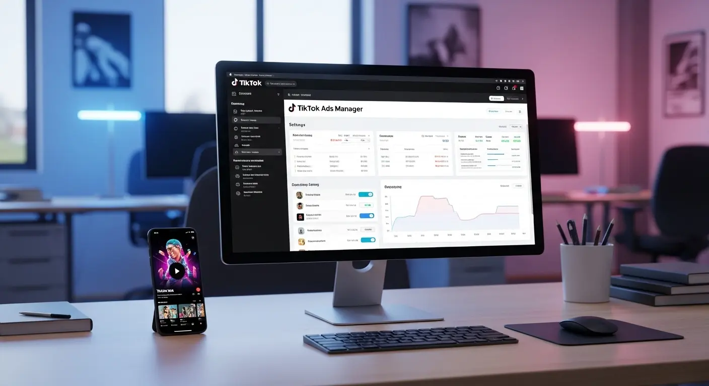 TikTok広告マネージャーの設定画面とスマートフォンの表示イメージ