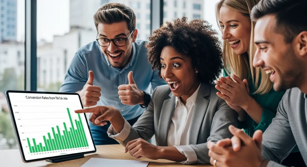 TikTok広告の成果を確認し、喜ぶマーケティング担当者