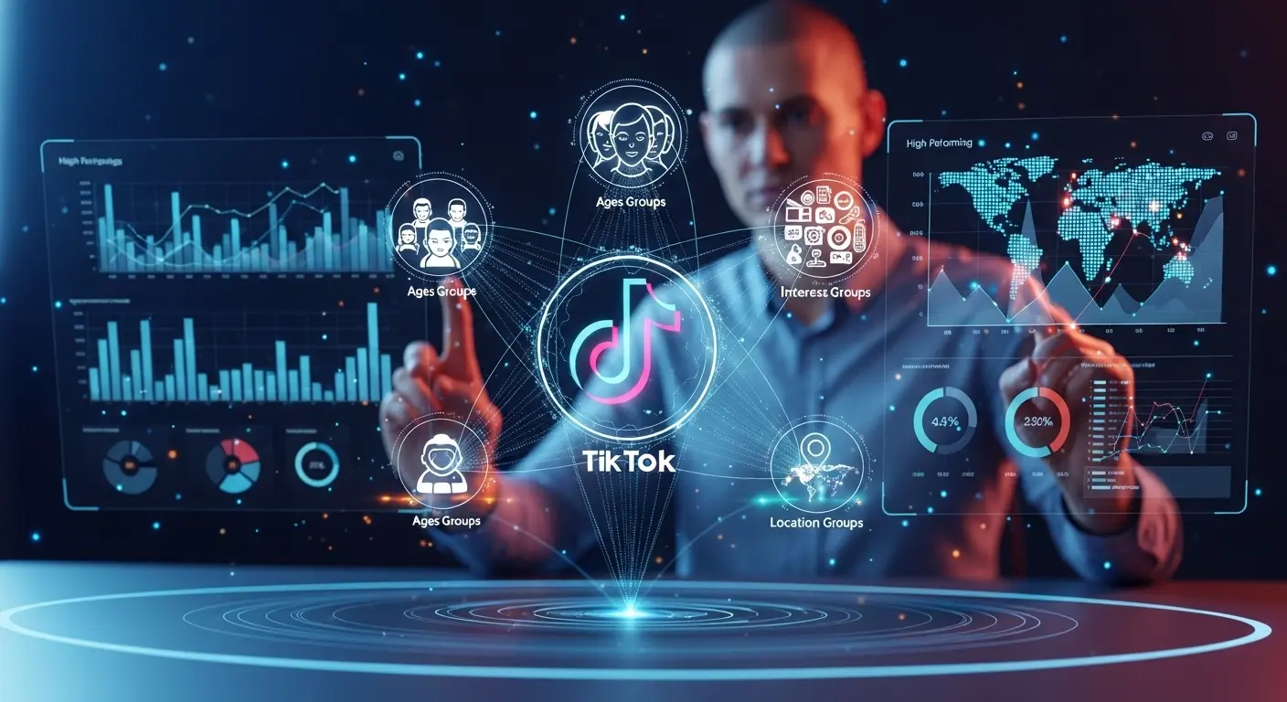 TikTok広告のターゲティング設定画面とデータ分析を行うマーケターのイメージ