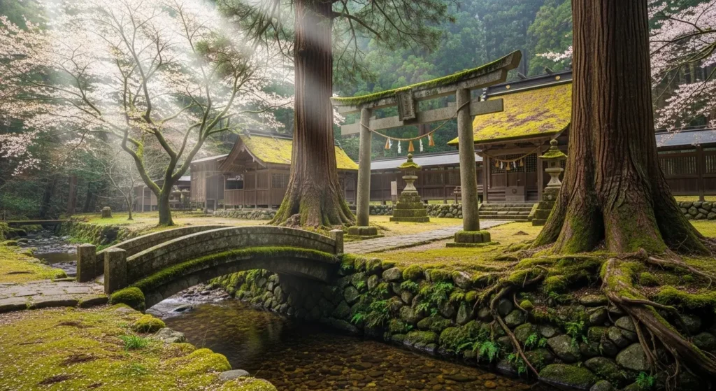 栃木県の山奥にひっそりと佇む神秘的な神社の風景