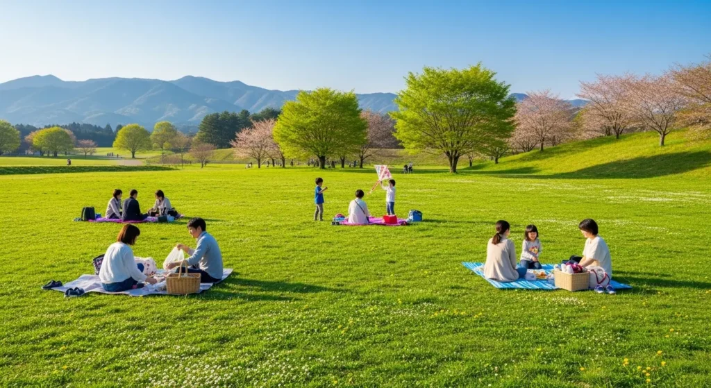 栃木県の広大な牧場でゆったりと過ごす家族連れ