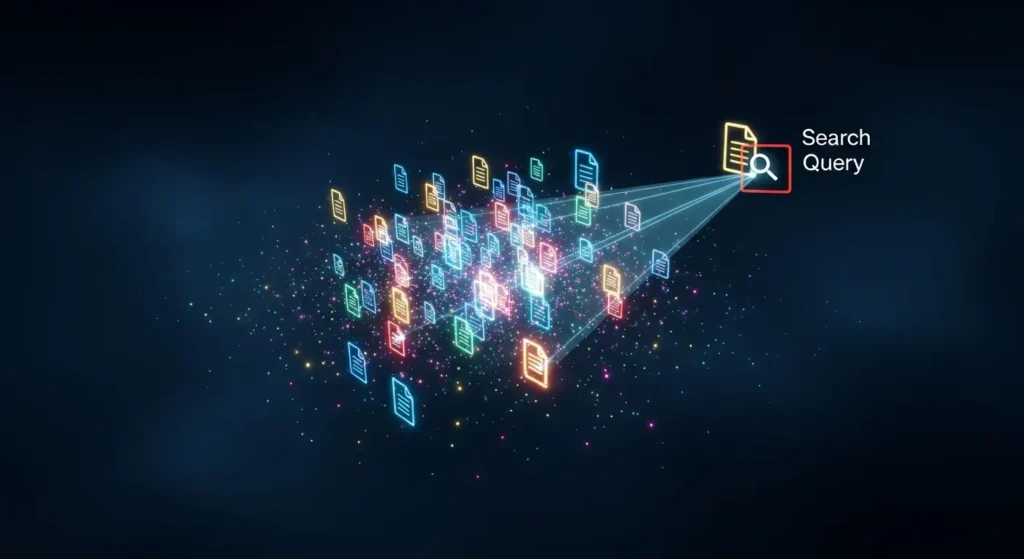 テキストデータがベクトル化され検索される仕組みの概念図