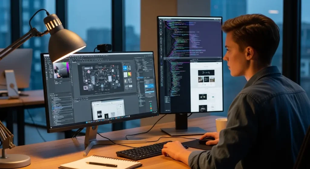 メインモニターと縦型サブモニターを併用するデザイナーの環境