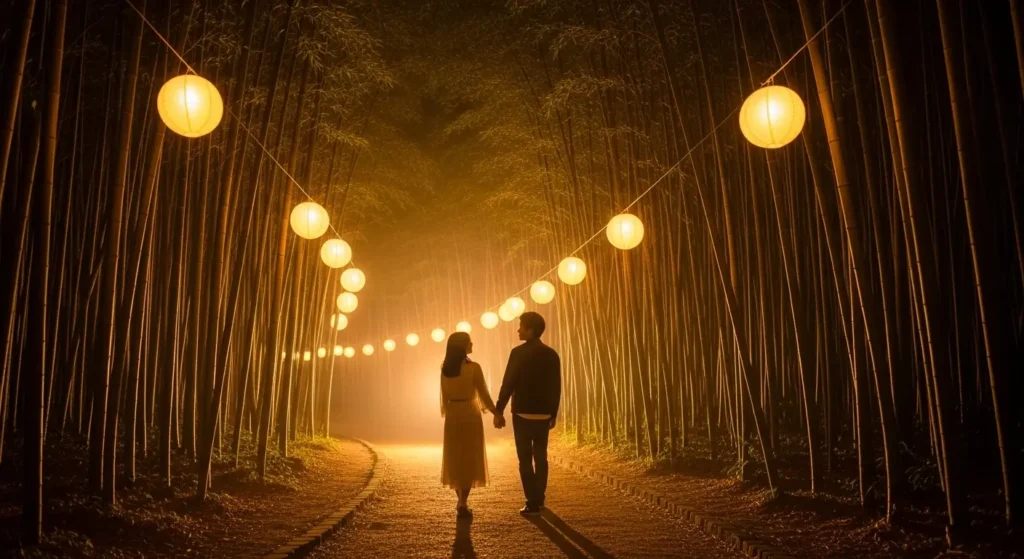 幻想的なライトアップに包まれた若山農場の竹林を歩くカップル
