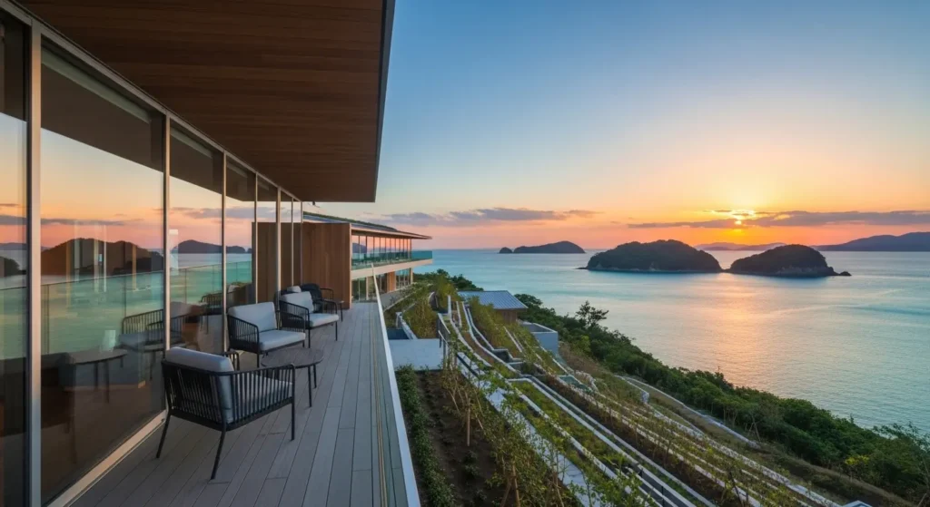 和歌山県の海沿いに建つモダンなリゾート施設と夕日の眺め