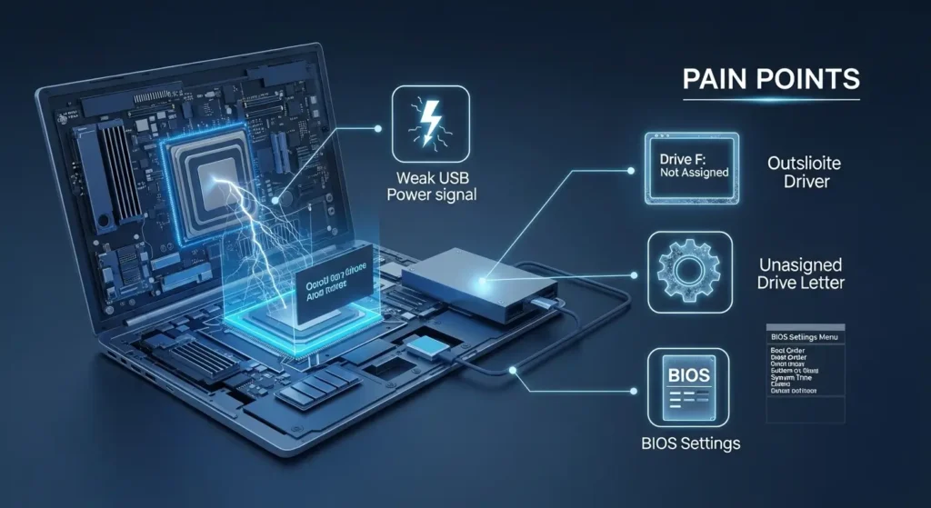 ドライブが認識されない物理的・論理的な4つの主要原因を示す解説図