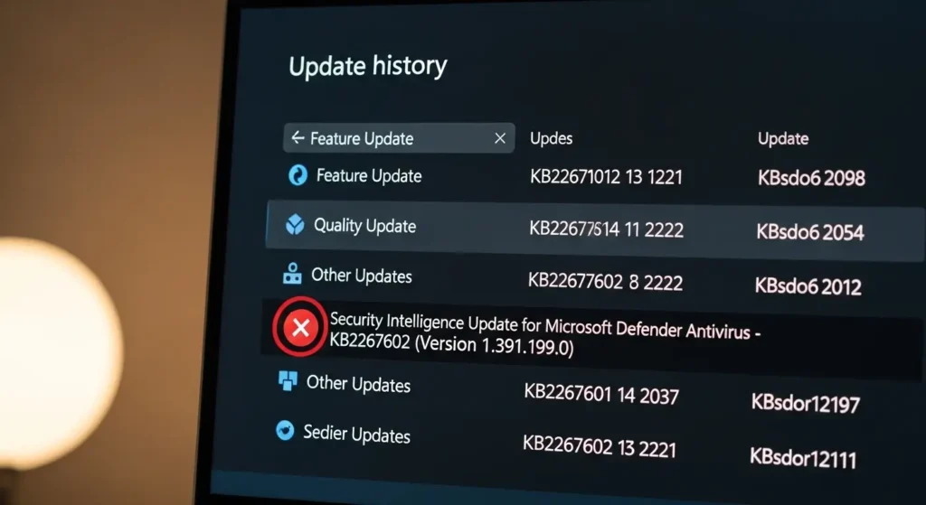 Windows 11の更新履歴画面に表示されたエラーマーク