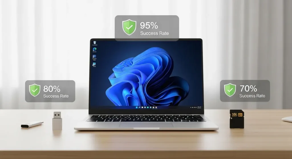Windowsパソコンと外付けデバイス別のデータ復元成功率の比較